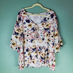 Maurices Womens Plus Size Tie Front White Floral Print Crochet Top Size 2X